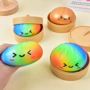 Colorful rainbow dumpling squishy stress relief toys with cute miniature steamers set