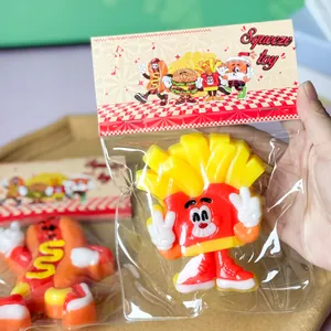 Detailed macro view of the cartoon french fries squeeze toy inside its original retail packaging