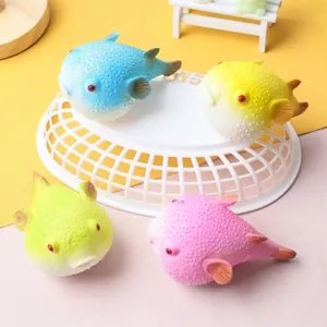 Set of four colorful pufferfish squishy decompression toys for effective stress relief
