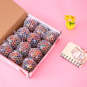 Set of 12 colorful mesh squishy grape balls in a pink gift box for stress relief