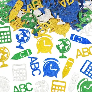 Macro detail of glitter back to school confetti featuring ABC letters and pencil shapes