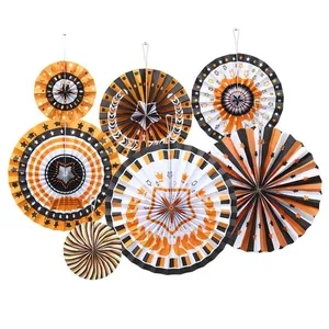 Decoraciones para Fiesta de Graduación Naranja Negro Blanco Abanicos de Papel Juego de Guirnaldas Adorno Colgante con Patrón de Birrete