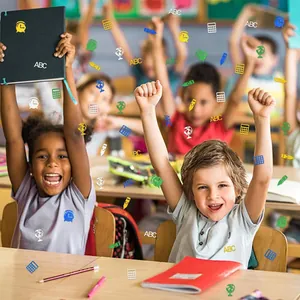 Colorful back-to-school party confetti decorations scattered in a classroom scene