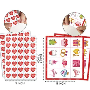 Close-up of 5x7 inch Valentine's Day bingo cards showing perforated edges for easy tearing