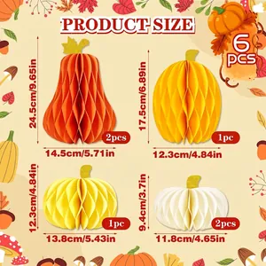 Size details for a 6-piece Thanksgiving pumpkin honeycomb ball decoration set