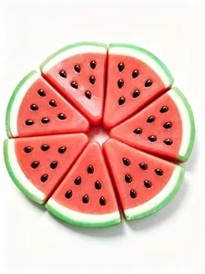 Detail van zes levendige rode watermeloen plakjes squeeze speelgoed in cirkelvorm