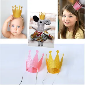 Detail view of pink and gold glitter crowns for kids birthday party decoration sets