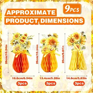 Set of 9 sunflower honeycomb centerpieces with detailed product dimensions in cm and inches
