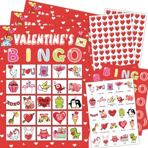 Valentine's Day bingo game set including colorful cards and heart pattern stickers