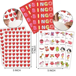 Detail of Valentine's Bingo game set including caller sheets and dimension specs