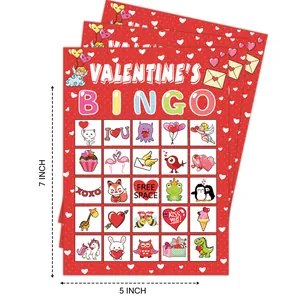 Valentine's Day bingo game card set for party featuring heart patterns and cute icons