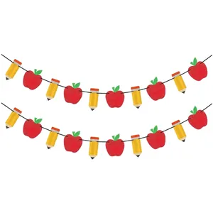 Close-up of apple and pencil garland banner for back-to-school classroom decor
