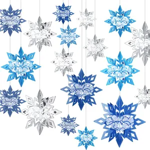 Detailed macro view of 3D blue and silver paper snowflake ornaments hanging set