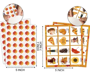 Detailed view of 5x7 inch Thanksgiving Bingo game cards with autumn-themed illustrations