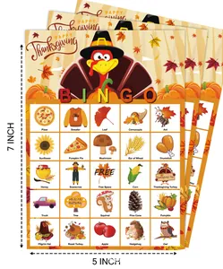 Close-up detail view of Thanksgiving Bingo game cards with 5x7 inch size labels