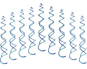 Detailed view of blue spiral hanging swirls for birthday party and Earth Day decorations.