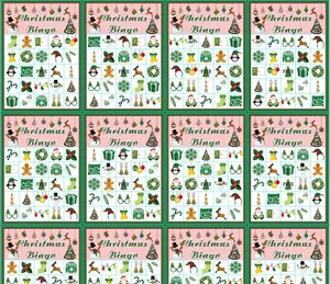 Vue détaillée des cartes de bingo de Noël colorées avec divers icônes de fête festives