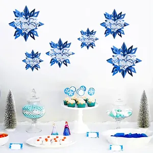 Set of 6 blue and white 3D paper snowflake hanging decorations for winter party decor