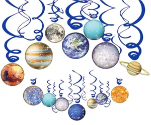 Close-up detail of solar system planet hanging swirls for Earth Day party decorations