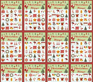 Lot de 12 cartes de bingo de Noël festives avec des illustrations et motifs colorés de vacances
