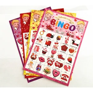 Selection of colorful Valentine's Day bingo cards featuring cute festive icons