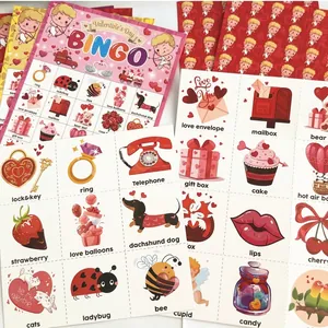 Detailed view of Valentine's Day bingo party game cards with cute colorful icons