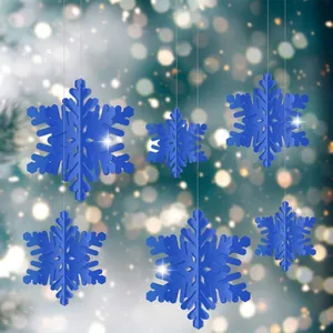 Decorative blue 3D paper snowflake hanging ornaments set for Christmas window display