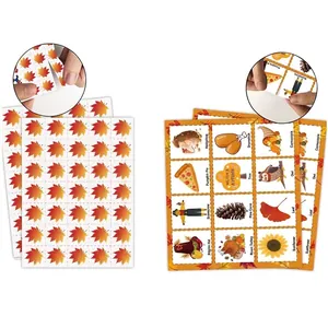 Close-up of 5x7 inch Thanksgiving bingo cards featuring colorful autumn icons for parties