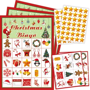 Jeu de bingo de Noël pour 24 joueurs avec cartes, autocollants étoiles et jetons
