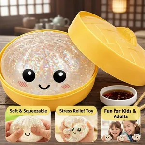 Dettagli del giocattolo antistress a forma di panino glitterato con viso sorridente