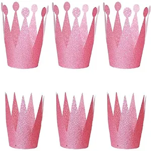 Set di sei cappellini a corona rosa glitterati per decorazioni di compleanno da principessa