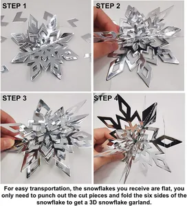 Instructional steps for assembling 3D silver paper snowflakes for Christmas window decor.