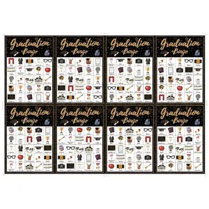 Detail showing eight graduation bingo cards with gold script and festive school icons