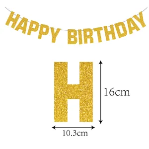 Detailed view of gold glitter birthday banner letters with dimensions 16cm by 10.3cm