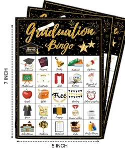 Close-up of 5x7 inch graduation theme bingo game cards for 24 player party events