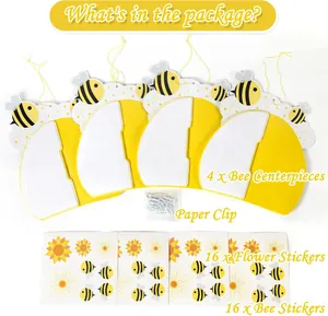 Bee party decoration kit contents: 4 honeycomb centerpieces, stickers, and clips