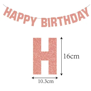 Detailed dimension guide for rose gold glitter Happy Birthday banner party decoration letters