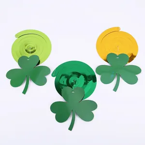 Close-up of festive Saint Patrick's Day shamrock PVC spiral hanging ornaments for party