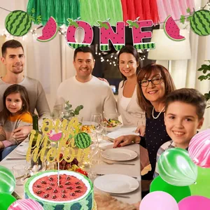 Watermelon themed first birthday party decoration set with banner and cake topper