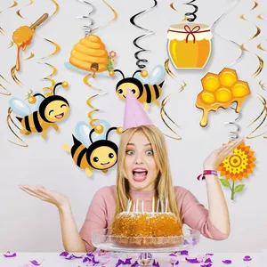 Decoraciones colgantes de espiral con tema de abeja y flores para fiestas de cumpleaños felices