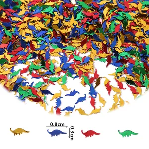 Macro view of colorful dinosaur confetti with clear 0.8cm x 0.3cm size measurements