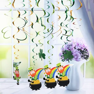 Detailed view showing St. Patrick's Day hanging swirls with leprechaun and clover.