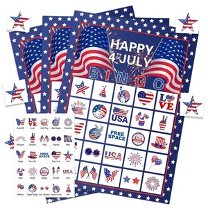 Detailansicht der amerikanischen Bingo-Karten und Aufkleber zum 4. Juli für 24 Spieler bei Partys