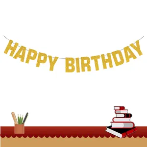Sparkling gold glitter Happy Birthday banner bunting for festive party wall decorations