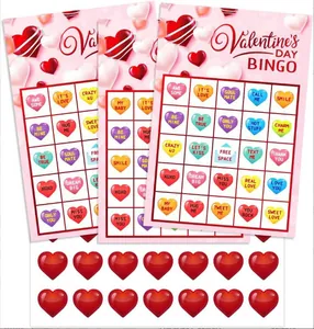 Valentine's Day bingo game cards party set with red heart shaped marker stickers
