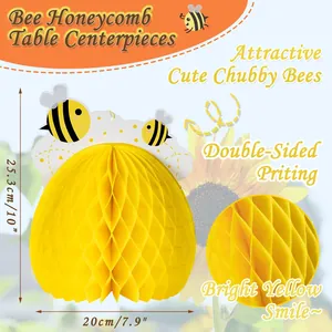 Detail of 3D yellow bee honeycomb table centerpiece showing dimensions and paper texture