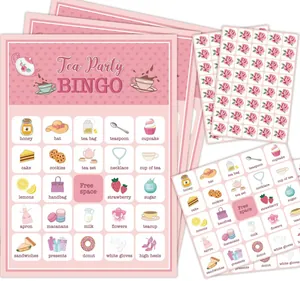 Detailed view of Tea Party Bingo game cards and floral rose sticker sheets for parties