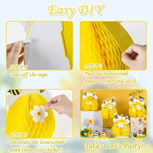 Step-by-step DIY instructions for assembling bee honeycomb party decorations with stickers