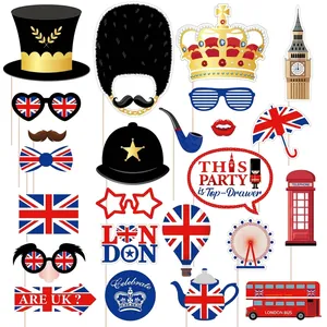Set completo de accesorios para fotos temáticos británicos con la bandera Union Jack.