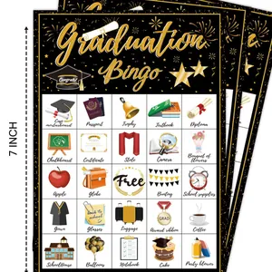 Graduation Bingo game cards set for 24 players with 7-inch black and gold design